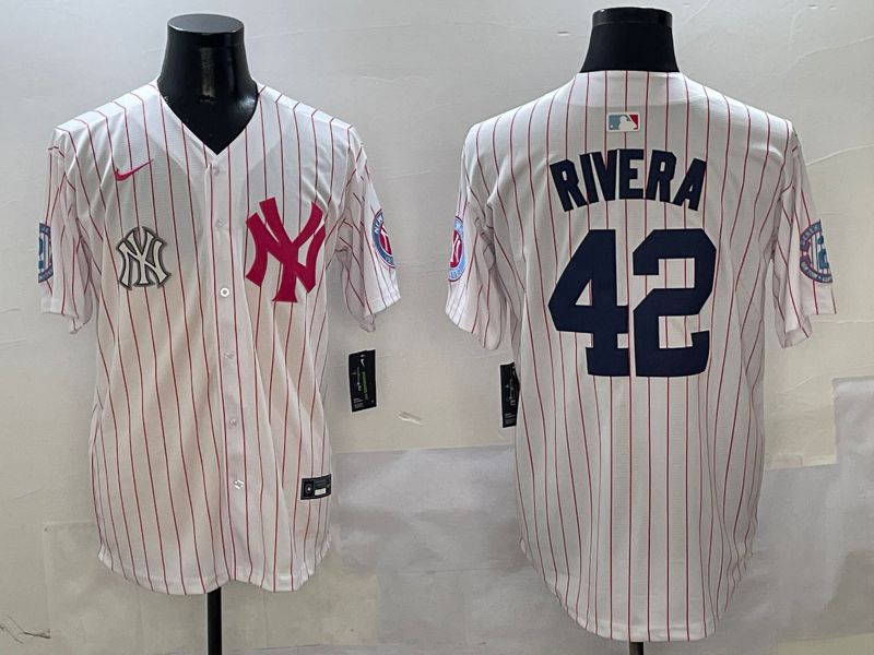 Men New York Yankees #42 Rivera White Stripe Jointly Name Nike 2025 MLB Jersey style 8